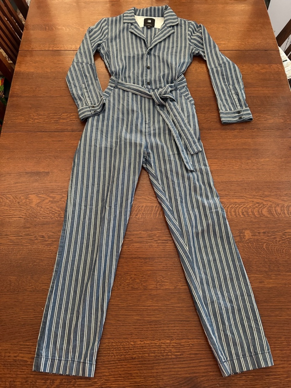 G-Star Blue and White Striped Utility Jumpsuit with Tie Belt